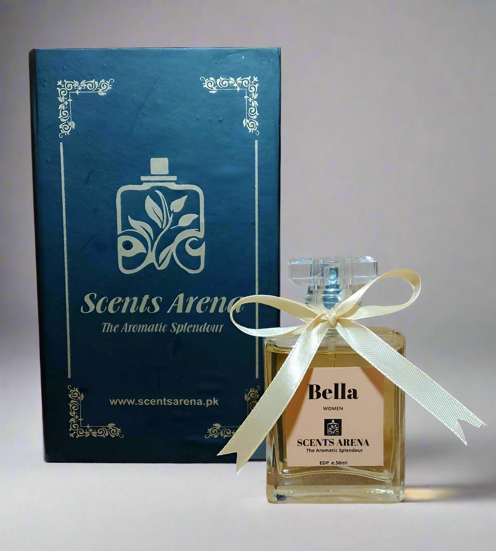 Perfume bottle with 'Bella' label and ribbon, next to a blue box with 'Scents Arena' branding.