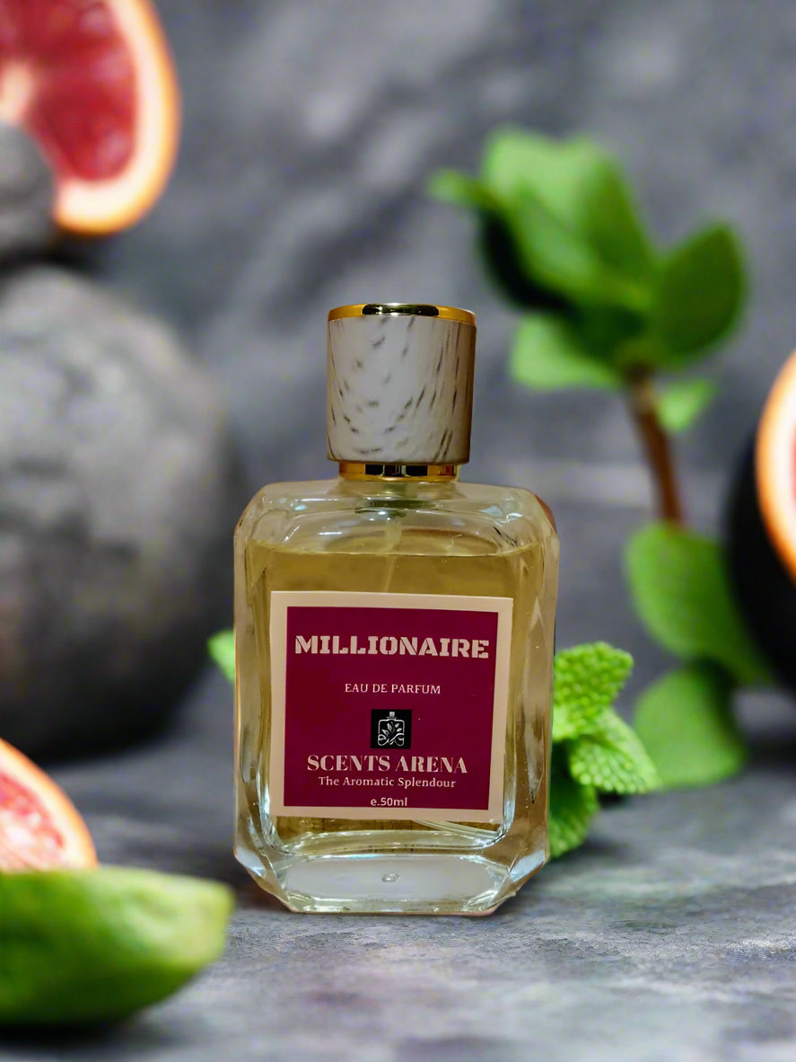 Perfume bottle labeled 'Millionaire' by Scents Arena on a stone.