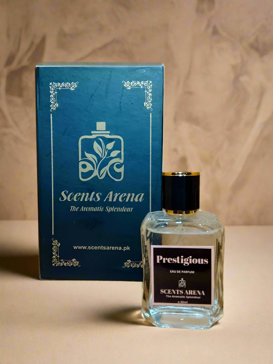 Perfume bottle and packaging with 'Scents Arena' branding on a wooden surface.