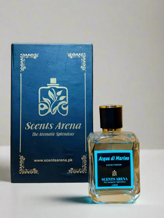 Scents Arena perfume bottle and packaging on a wooden surface