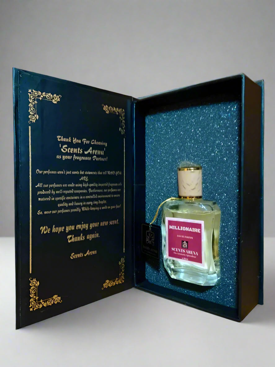 Perfume bottle in a decorative box with text on a wooden surface