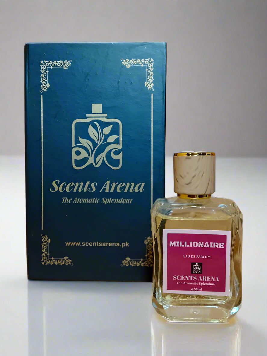 Perfume bottle labeled 'Millionaire' by Scents Arena with packaging on a wooden surface.